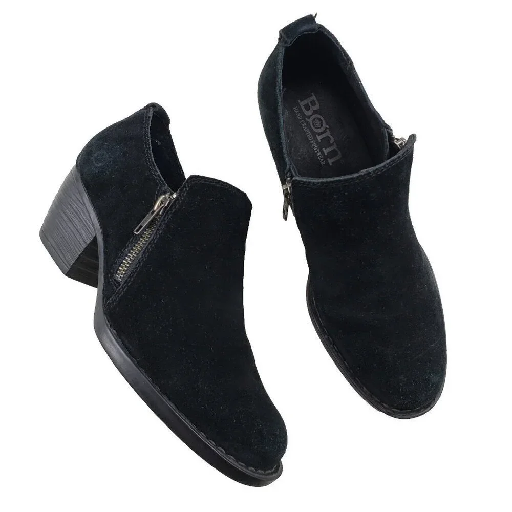 Born Montoro Ankle Boot Womens 8 Black Suede Low Heel Side Zip Comfort Bootie